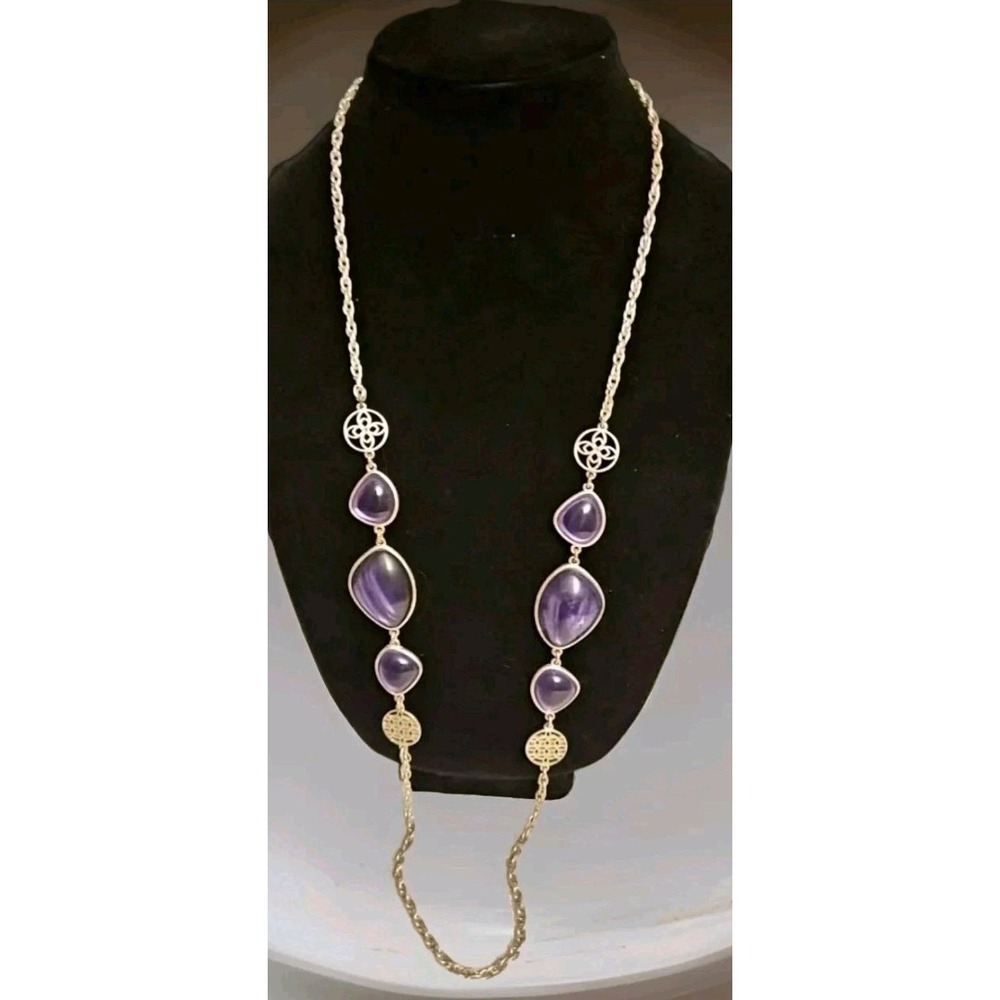 Bill Blass Silver Tone Chunky  Necklace Purple‎ Faux Stones 18" EUC